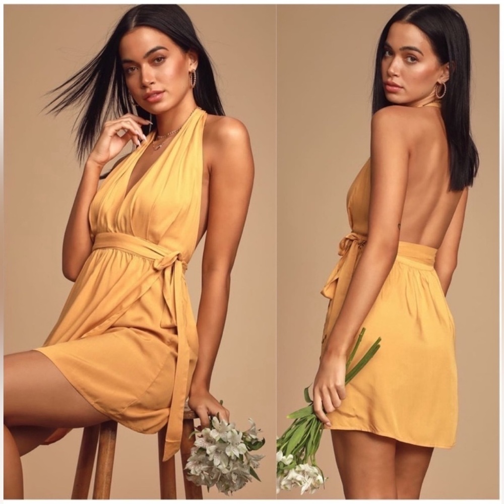 Lulus yellow backless wrap mini dress size Medium NWT
